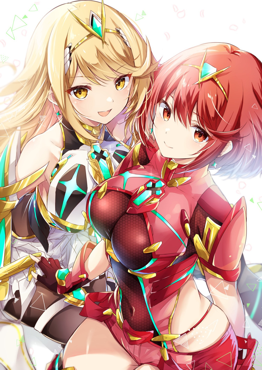 2_girls alluring big_breasts blonde_hair high_res multiple_girls mythra nintendo pyra red_eyes red_hair ui_frara xenoblade_(series) xenoblade_chronicles_2 yellow_eyes