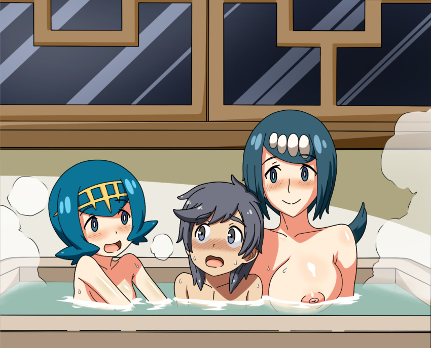 1boy 1boy2girls 2_girls 2girls1boy age_difference anime_milf areola bath big_breasts big_breasts black_hair blue_eyes blue_hair breasts covering_breasts denkishowgun elio_(pokemon) female_focus grey_eyes hairband huge_breasts human human_only imminent_sex imminent_threesome l lana's_mother_(pokemon) lana_(pokemon) long_hair male male/female mature mature_female milf milf mob_face mother_&amp;_daughter nintendo nipples nude open_mouth pokemon pokemon_sm short_hair sitting small_breasts smile solo_female source_request steam straight suiren's_mother_(pokemon) suiren_(pokemon) sweat tagme teen threesome trial_captain video_game_franchise water you_(pokemon)