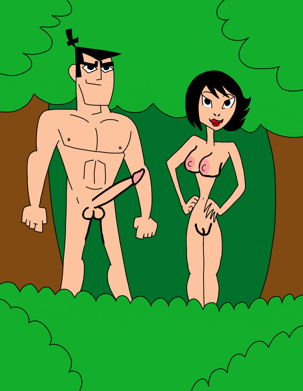 1boy 1girl adult_swim ashi_(samurai_jack) black_eyes black_hair breasts brush cartoon_network eyebrows jungle lipstick navel nipples no_bra no_panties no_pants penis pussy pussy samurai_jack samurai_jack_(character) tree