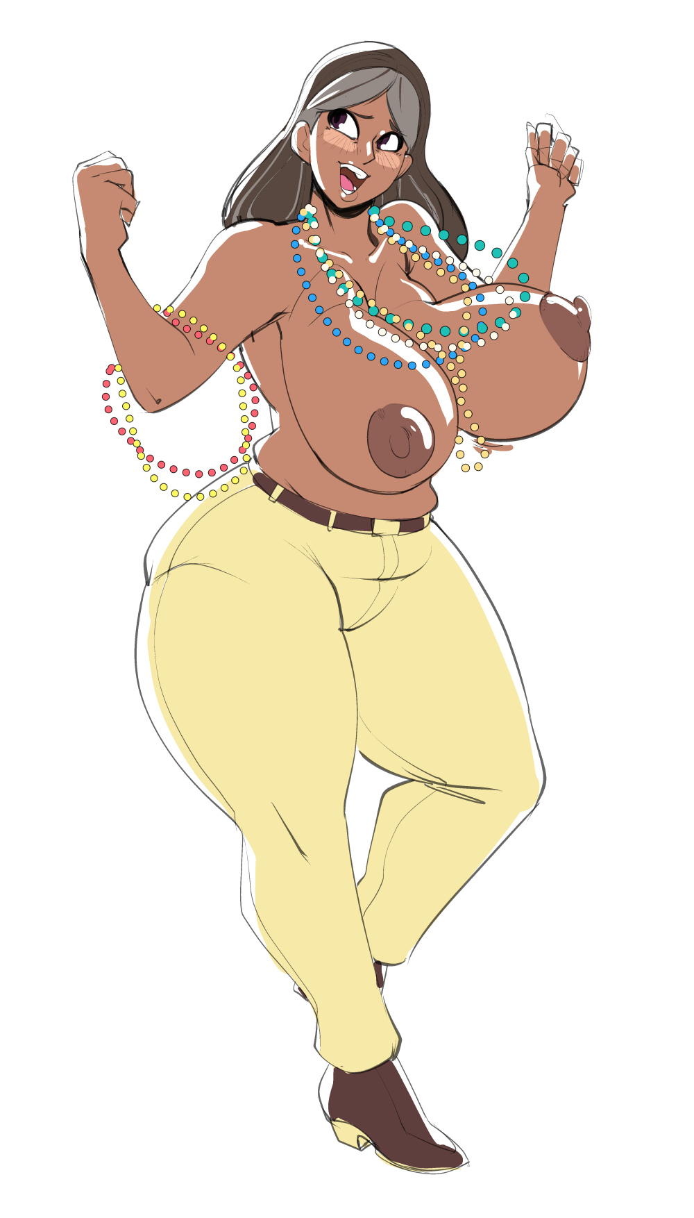 1girl 1girl 1girls 2023 areola bead_necklace box_chan breasts brown_eyes brown_hair casual_nudity casual_topless female_only high_heels huge_breasts human human_only large_areolae long_hair mardi_gras necklace nipples open_mouth pants priyanka_maheswaran smile standing steven_universe thick_thighs topless two-tone_hair white_background