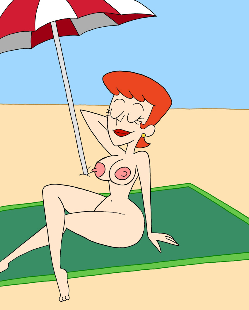 1girl 1girl 2024_post beach_towel beach_umbrella breasts breasts cartoon_network closed_eyes closed_mouth dexter's_laboratory dexter's_mom earrings edit eyebrows eyelashes feet female_only mrbiteo navel nipples nude nude_beach nude_female orange_hair pink_nipples red_lipstick sexy sitting toes umbrella