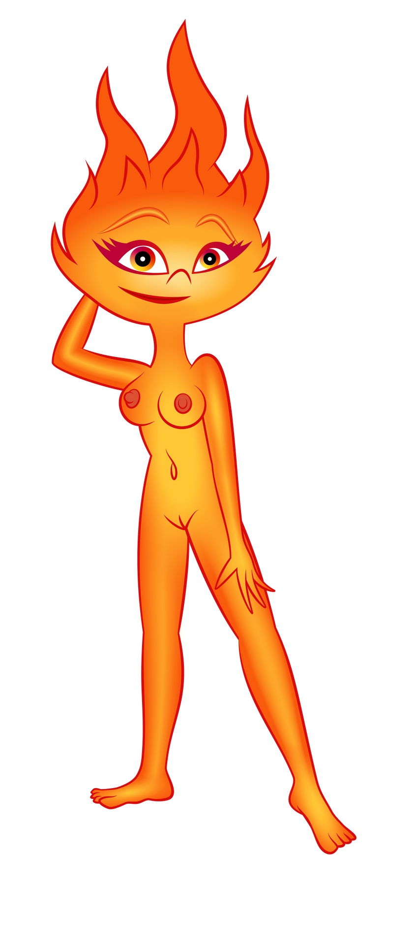 1girl 1girl barefoot breasts disney elemental_(pixar) elemental_creature ember_lumen eyebrows eyelashes feet female_only fire looking_at_viewer navel nipples pixar pussy sexy sexy_body sexy_breasts shagggy1987 smiling_at_viewer toes vaginal