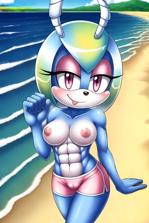 abs ai_generated beach breasts jewel_the_beetle mobians.ai nipples nuggeto sea seaside sega shorts sonic_the_hedgehog_(series) topless topless_female