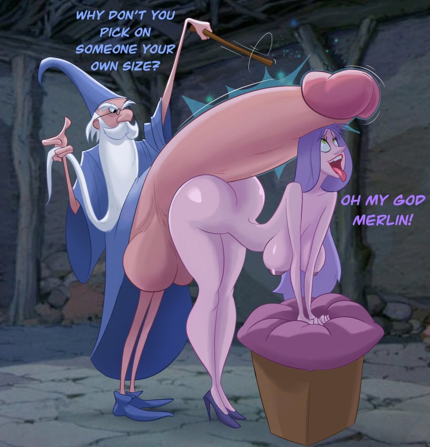 arthurian_legends ass big_ass big_breasts big_breasts bimbo breasts detailed_background disney disney_villains english english_text gigantic_penis gilf green_eyes heels_only high_heels huge_testicles hyper hyper_balls hyper_penis john_coffe lipstick long_beard long_hair looking_at_penis madam_mim magic mature_female mature_male merlin nipples nude nude nude_female open_mouth penis purple_hair testicle the_sword_in_the_stone wand white_beard white_hair witch