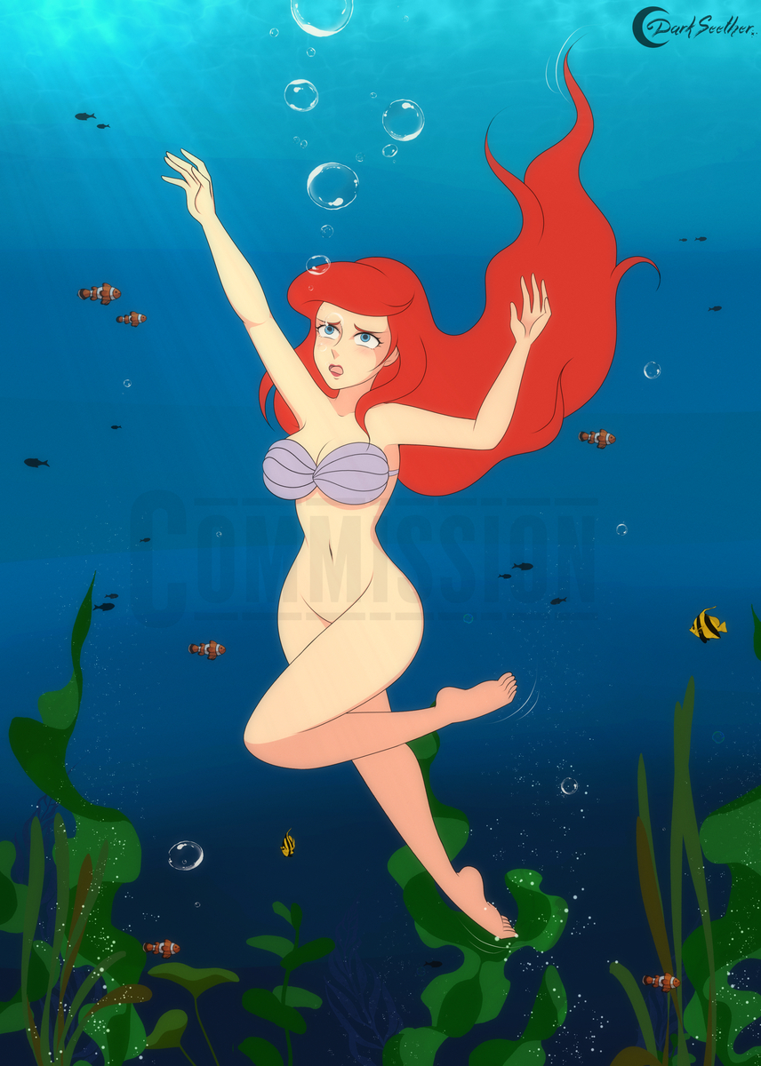1girl air_bubbles aquaphilia barefoot bottomless bra bra_only breasts bubbles cleavage darkseether disney drowning feet female human humanized navel ocean princess_ariel pussy sea shell_bra solo the_little_mermaid underwater water