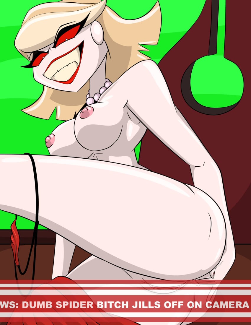 1girl 1girl 1girls 2020 blonde_hair breasts chair demon earrings female_only filming green_background hazbin_hotel huge_breasts jsyrin katie_killjoy_(hazbin_hotel) masturbation necklace nipples panties panties_around_leg pussy red_eyes red_lipstick short_hair smile straight_hair text vivienne_medrano white_skin