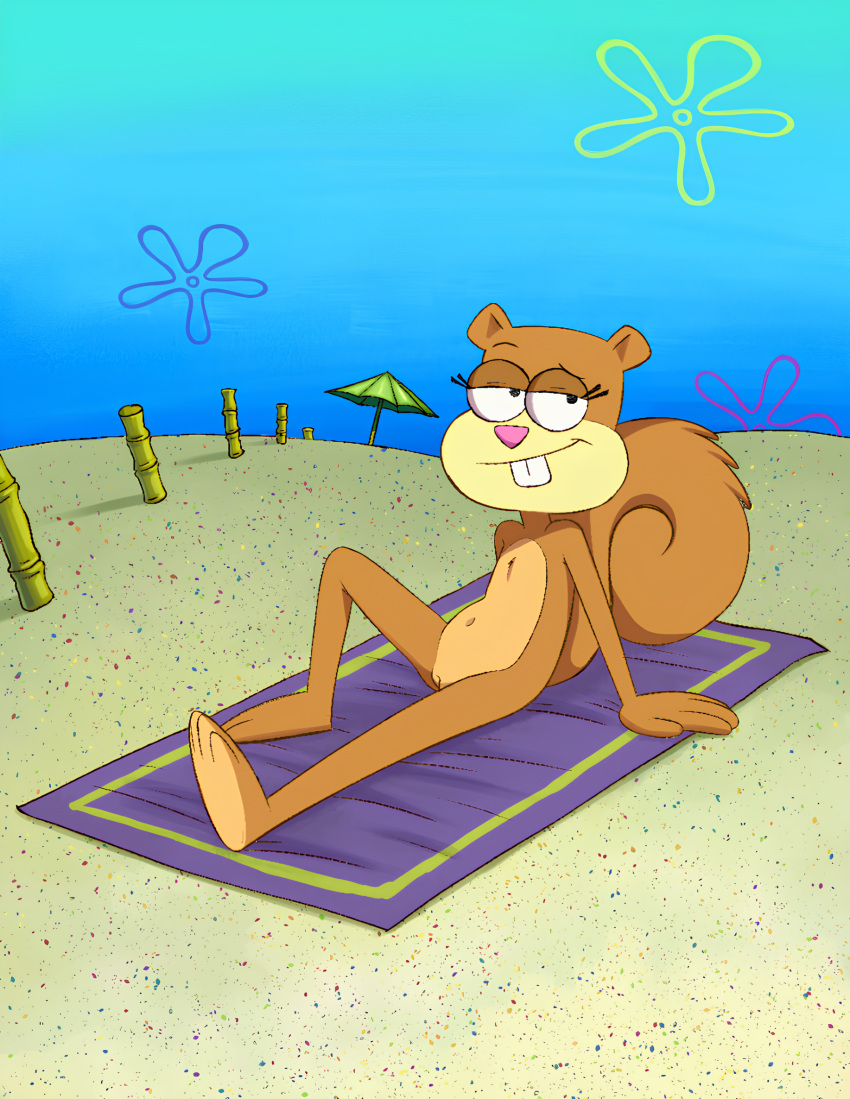 absurdres beach beach_towel cleft_of_venus completely_nude female_focus furry furry_female high_res navel nickelodeon nude pussy sandy_cheeks small_breasts spongebob_squarepants vsdrawfag younger_female