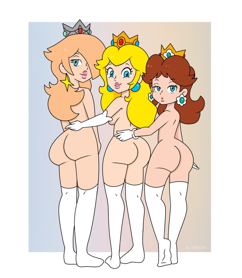 1girl 3_girls accurate_art_style ambyva ass ass ass_focus big_ass big_ass big_breasts big_breasts big_lips blonde_hair blue_eyes breasts brown_hair bubble_butt butt_focus crown cute cute_face ear_piercing earrings female_focus female_only gloves grin insanely_hot legs light-skinned_female light_skin long_gloves looking_at_viewer looking_back mario_(series) mostly_nude mostly_nude_female naked_female naked_thighhighs nintendo nude nude nude_female partially_clothed platinum_blonde_hair princess princess_daisy princess_peach rosalina royalty seductive seductive_look seductive_pose seductive_smile sexy sexy_ass sexy_body sexy_breasts sexy_lips sexy_pose smile smile_at_viewer smiling_at_viewer stockings stockings tagme thick thick_ass thighs white_gloves white_legwear white_thighhighs