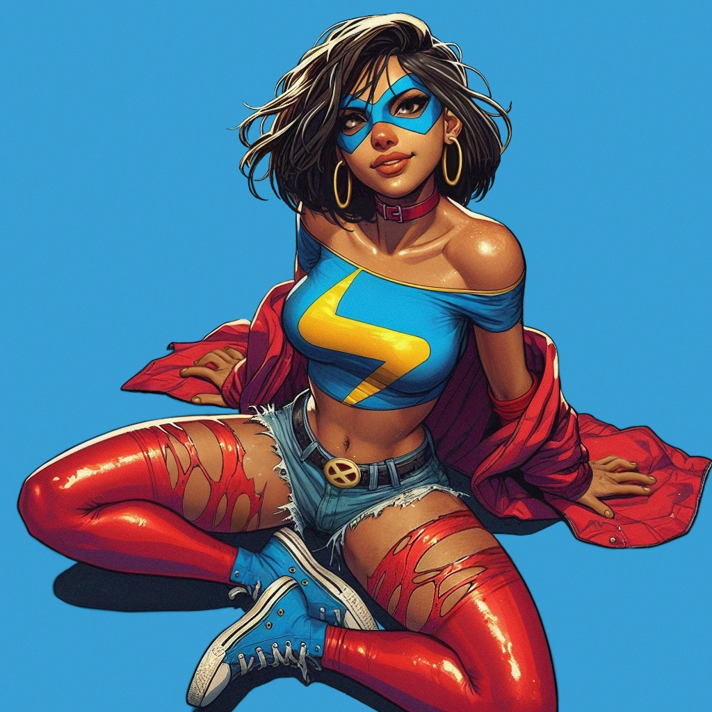 1girl ai_edit ai_generated big_breasts brown_eyes brown_hair brown_skin choker collar dark-skinned_female exposed_shoulders eyemask hoop_earrings kamala_khan looking_at_viewer marvel marvel_comics midriff ms._marvel muslim_female pakistani_female short_hair short_shorts sneakers stockings superheroine torn_legwear torn_thighhighs