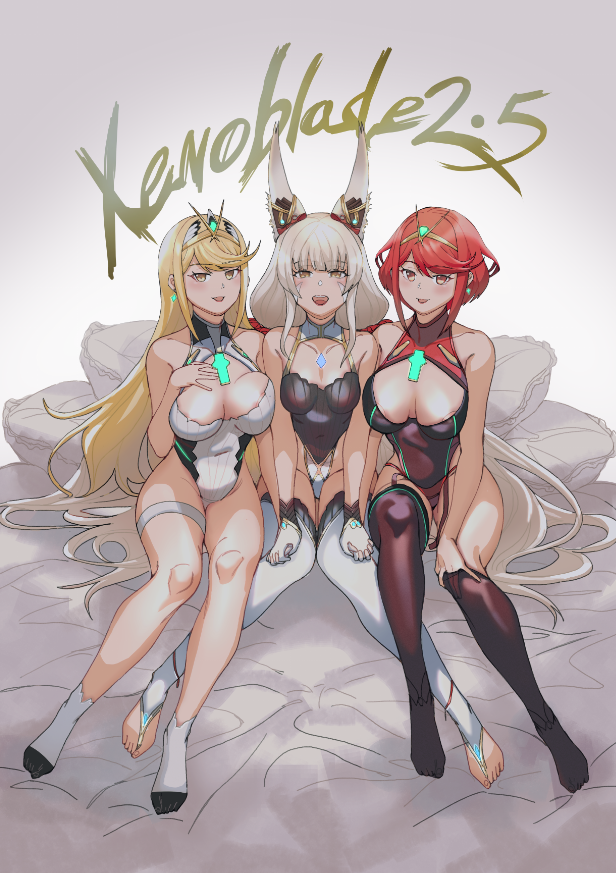 3_girls adapted_costume alluring animal_ears bed big_breasts blonde_hair breasts cat_ears character_doll chest_jewel cleavage_cutout clothing_cutout core_crystal_(xenoblade) covered_erect_nipples ear_covers facial_mark grey_hair holding holding_weapon kayano_yuki leotard looking_at_viewer low_twintails multiple_girls mythra mythra_(massive_melee)_(xenoblade) nia nia_(blade)_(xenoblade) nia_(xenoblade) nintendo nipple_slip nipples one-piece_swimsuit pyra pyra_(pro_swimmer)_(xenoblade) red_eyes red_hair rex_(xenoblade) sitting smile stockings swimsuit tiara twin_tails weapon whisker_markings xenoblade_(series) xenoblade_chronicles_2 yellow_eyes