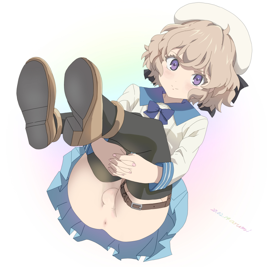 anus ass ass_focus back_view backsack balls beret black_legwear blond_hair blonde blonde_hair blue_skirt blush blush bottomless brown_shoes dickgirl futa futa_only futa_sans_pussy futanari grin intersex iwanaga_kotoko leg_grab legs_up light-skinned_futanari light_skin no_panties penis_under_skirt presenting presenting_anus presenting_butt presenting_hindquarters prosthetic purple_eyes shoes smile smiling_at_viewer stockings testicle transgender