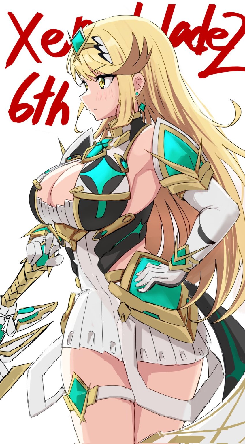 1girl 1girl alluring big_breasts blonde_hair breasts chest_jewel cleavage closed_mouth earrings ereka female_focus forehead_jewel high_res jewelry long_hair matching_hair/eyes mythra_(xenoblade) nintendo standing swept_bangs tiara very_long_hair white_background xenoblade_(series) xenoblade_chronicles_2 yellow_eyes