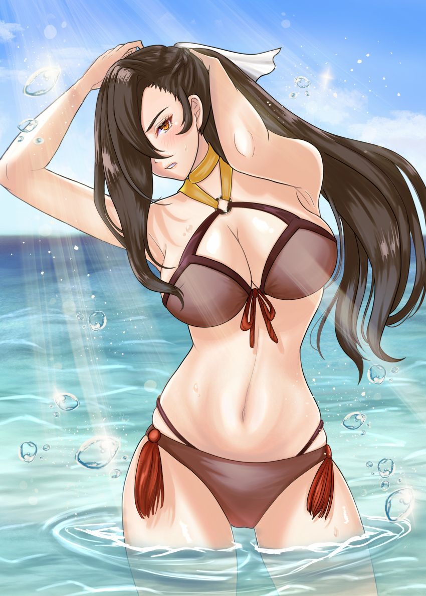 1girl 1girl 1girl absurd_res alluring alternate_costume bare_shoulders big_breasts bikini blue_sky breasts brown_bikini brown_eyes brown_hair brown_swimsuit cleavage commentary commission cowboy_shot female_only fire_emblem fire_emblem_fates high_res kagero_(fire_emblem) kousetu0506 long_hair looking_at_viewer navel nintendo parted_lips partially_submerged red_bikini skeb_commission sky swimsuit tying_hair water