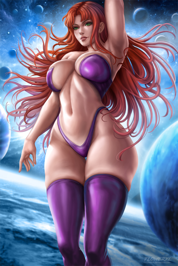 1girl 1girl 1girls armpit artist_logo artist_signature bikini boots breasts brown_lipstick cleavage dc_comics feet female_only flowerxl front_view green_eyes huge_breasts in_space koriand'r light-skinned_female light_skin looking_at_viewer midriff new_52 off_the_ground only_female planets purple_high_heels purple_panties space space_background starfire stockings tamaranean teen_titans thick_thighs very_long_hair