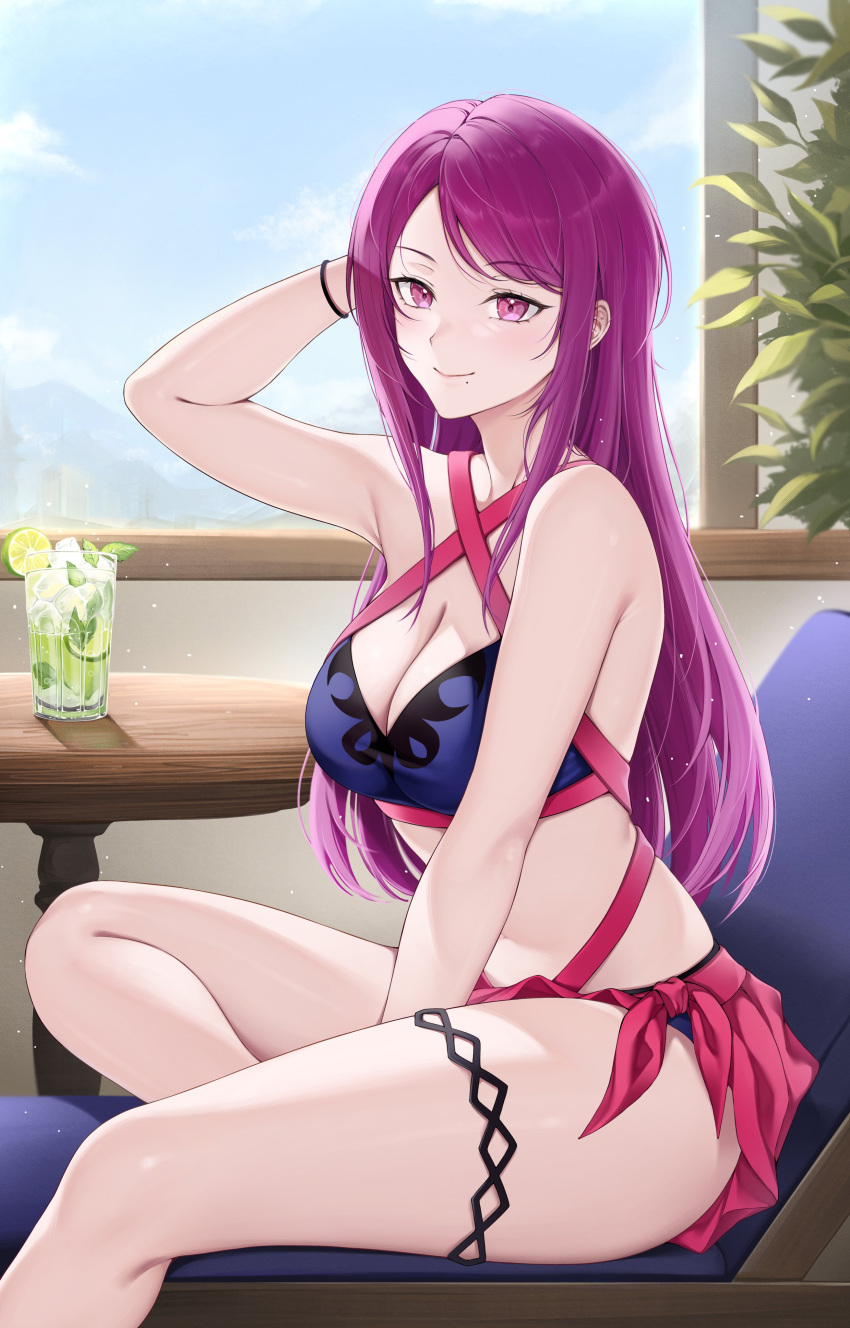 1girl 1girl 1girl absurd_res alluring alternate_costume bare_legs big_breasts bikini blue_bikini blue_swimsuit blush female_only fire_emblem fire_emblem_engage fire_emblem_heroes foxie30 high_res ivy_(fire_emblem) ivy_(summer)_(fire_emblem) long_hair looking_at_viewer nintendo purple_eyes purple_hair sarong smile swimsuit very_long_hair