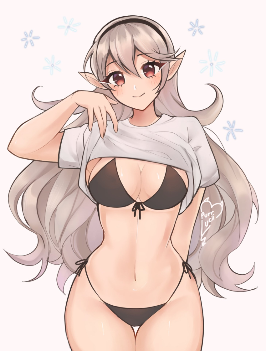 1girl 1girl 1girl alluring alternate_costume big_breasts bikini black_bikini black_hairband breasts cleavage clothes_lift commentary corrin_(fire_emblem) corrin_(fire_emblem)_(female) cowboy_shot female_only fire_emblem fire_emblem_fates grey_background hairband high_res navel nintendo pointy_ears purrlucii shirt shirt_lift short_sleeves side-tie_bikini_bottom standing stomach swimsuit thighs white_shirt