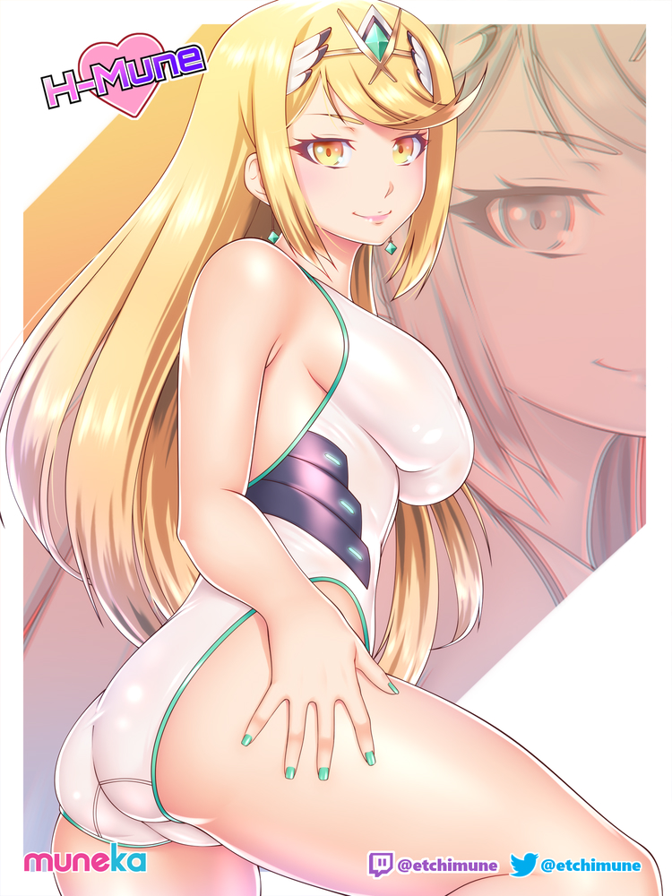 1girl alluring big_breasts bikini blonde_hair colored_nails etchimune hair_ornament hand_on_hip latex long_hair looking_at_viewer looking_back_at_viewer mythra nintendo one-piece_bikini posing sideboob smiling_at_viewer swimsuit xenoblade_(series) xenoblade_chronicles_2