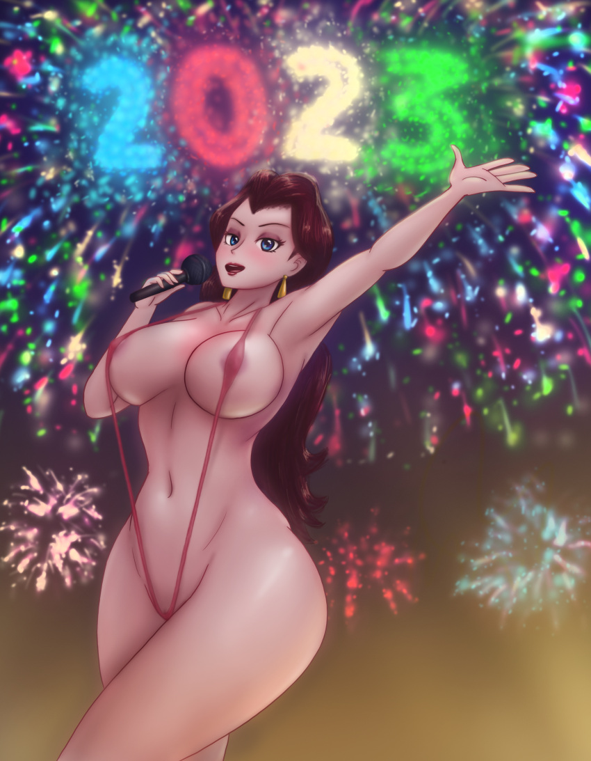 1girl 1girls 2023 big_breasts blue_eyes breasts brown_hair brunette earrings eyeshadow female_only fireworks fitness half-closed_eyes happy_new_year huge_breasts light-skinned_female light_skin lips lipstick long_hair mario_(series) microphone new_year new_year_2023 night nintendo nipples_visible_through_bikini nipples_visible_through_clothing pauline pauline_(mario) purple_eyebrows pussy red_bikini red_lipstick safartworks singing sling_bikini sling_swimsuit slingshot_bikini slingshot_swimsuit stockings tagme thighs video_game_character video_games voluptuous