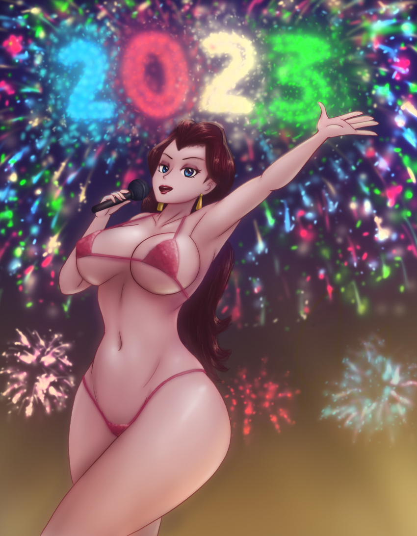 1girl 1girls 2023 big_breasts blue_eyes breasts brown_hair brunette earrings eyeshadow female_only fireworks fitness half-closed_eyes happy_new_year huge_breasts light-skinned_female light_skin lips lipstick long_hair mario_(series) microphone new_year new_year_2023 night nintendo pauline pauline_(mario) purple_eyebrows pussy red_bikini red_lipstick safartworks singing stockings tagme thighs video_game_character video_games voluptuous