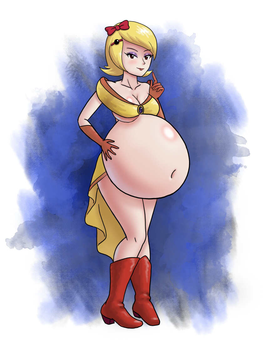 1female 1girl 1girls bandai_namco belly belly_expansion belly_stuffing big_breasts blonde blonde_hair boots breasts brown_eyes feet female_only fitness hand_on_hip huge_breasts humanized light-skinned_female light_skin looking_at_another ms_pac-man namco orange_gloves pac-man_(series) purple_eyebrows red_boots ribbon saf-404 saf_404 safartwoks safartworks short_hair side_view skirt solo_female solo_focus standing stockings video_game_character yellow_skirt yellow_top