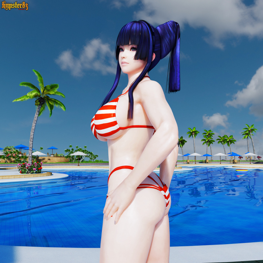 1girl alluring bare_legs big_breasts bikini black_hair cleavage dead_or_alive dead_or_alive_6 dead_or_alive_xtreme dead_or_alive_xtreme_2 dead_or_alive_xtreme_3 dead_or_alive_xtreme_3_fortune dead_or_alive_xtreme_beach_volleyball dead_or_alive_xtreme_venus_vacation hypster83 nyotengu posing purple_hair silf swimming_pool tecmo