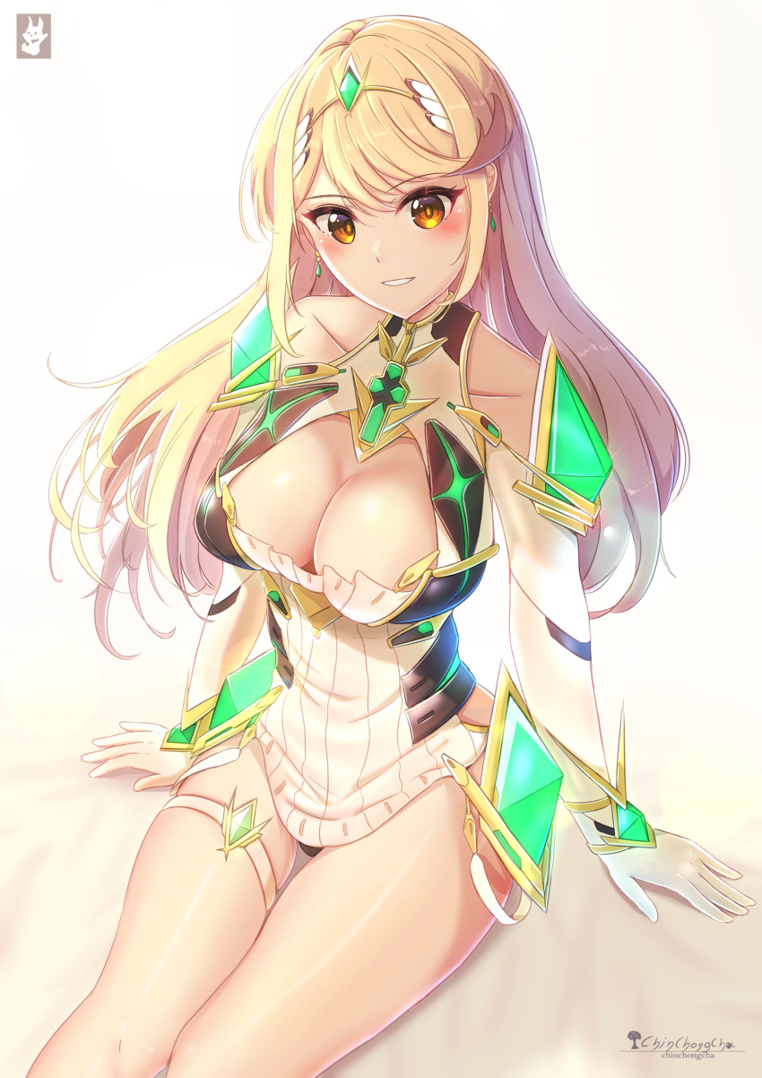 1girl absurd_res alluring big_breasts blonde_hair blush chinchongcha cleavage gloves headband high_res looking_at_viewer mythra signature thigh_strap white_gloves xenoblade_(series) xenoblade_chronicles_2