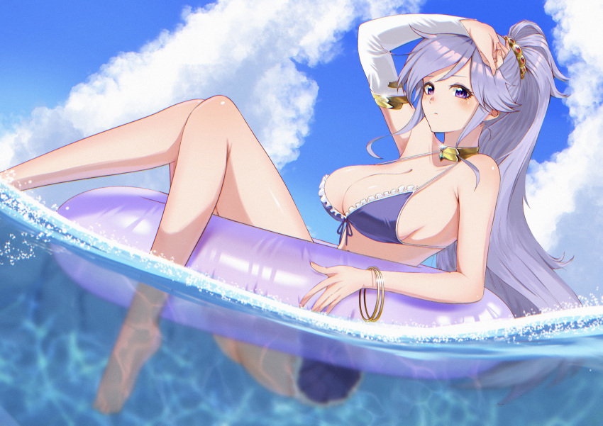 1girl 1girl 1girl absurd_res alluring alternate_costume ass bare_legs barefoot big_breasts bikini blue_sky bracelet breasts choker cleavage closed_mouth cloud day detached_sleeves female_only fire_emblem fire_emblem:_genealogy_of_the_holy_war hair_ornament high_res ishtar_(fire_emblem) jewelry legs long_hair looking_at_viewer nintendo ocean outside partially_submerged partially_underwater_shot ponytail purple_bikini purple_eyes purple_hair purple_swimsuit shooot108 single_detached_sleeve sky swimsuit underwater yellow_choker