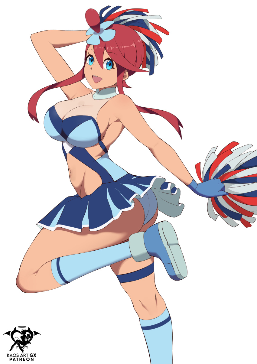 1girl absurd_res alluring ass bare_shoulders big_breasts blue_eyes cheerleader cleavage creatures_(company) game_freak gloves high_res kaos_art looking_back miniskirt nintendo panties pokemon pokemon_bw pom_pom_(cheerleading) red_hair shoes skirt skyla skyla_(pokemon) sleeveless socks standing standing_on_one_leg underwear wedgie