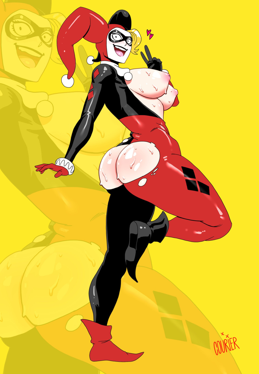 1girl areola ass batman:_the_animated_series batman_(series) big_ass big_breasts black_eyes blonde_hair bodysuit breasts clothing courier_art dat_ass dc_comics dcau domino_mask exposed_breasts eyewear female female_only footwear full_body hair harleen_quinzel harley_quinn harley_quinn_(classic) headwear heart huge_breasts inverted_nipples legs looking_at_viewer looking_back nipples no_bra no_panties no_underwear peace_sign puffy_areolae ripped_bodysuit ripped_clothing solo solo_female sweat sweatdrop sweaty sweaty_breasts sweaty_butt thighs