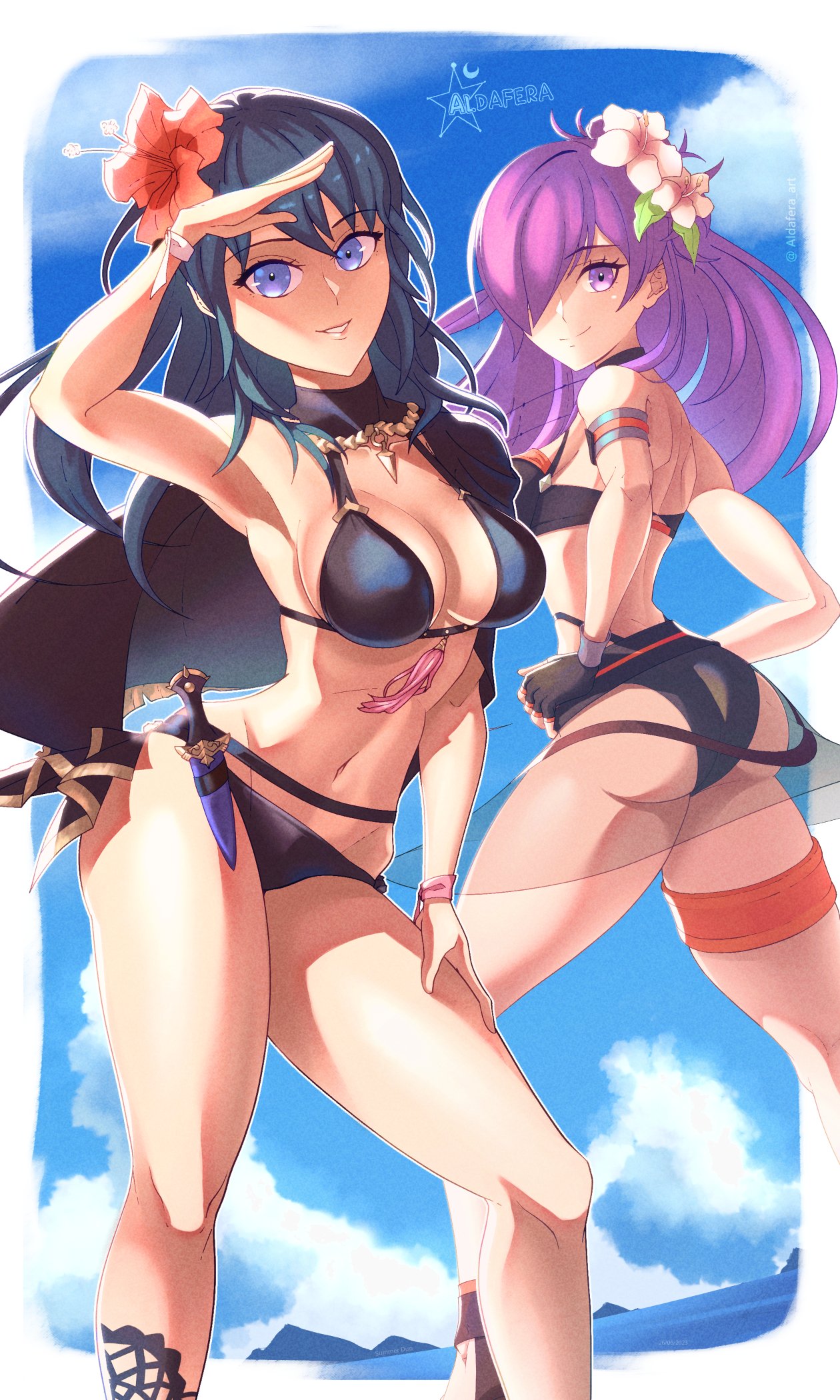 2_girls aldafera alluring alternate_costume aqua_eyes ass big_breasts bikini black_bikini black_swimsuit byleth_(fire_emblem) byleth_(fire_emblem)_(female) byleth_(summer)_(fire_emblem)_(female) female_only fire_emblem fire_emblem:_three_houses fire_emblem_heroes fire_emblem_warriors:_three_hopes medium_breasts nintendo official_alternate_costume purple_hair shez_(female)_(fire_emblem) shez_(female)_(summer)_(fire_emblem) shez_(fire_emblem) swimsuit teal_hair