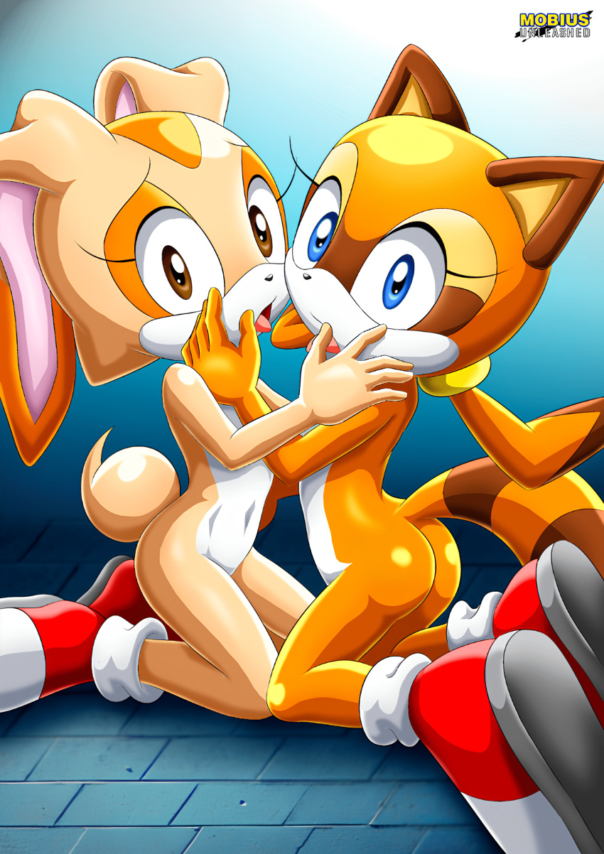 2_girls anthro ass bbmbbf blue_eyes brown_eyes cream_the_rabbit cub female_focus furry furry_female kneel looking_at_viewer marine_the_raccoon mobius_unleashed nude open_mouth palcomix sega shoes sonic sonic_the_hedgehog_(series) tongue tongue_out yuri