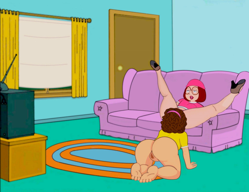 all_fours ass family_guy glasses hat lesbian_sex meg_griffin no_panties pussylicking shaved_pussy spread_legs thighs yuri