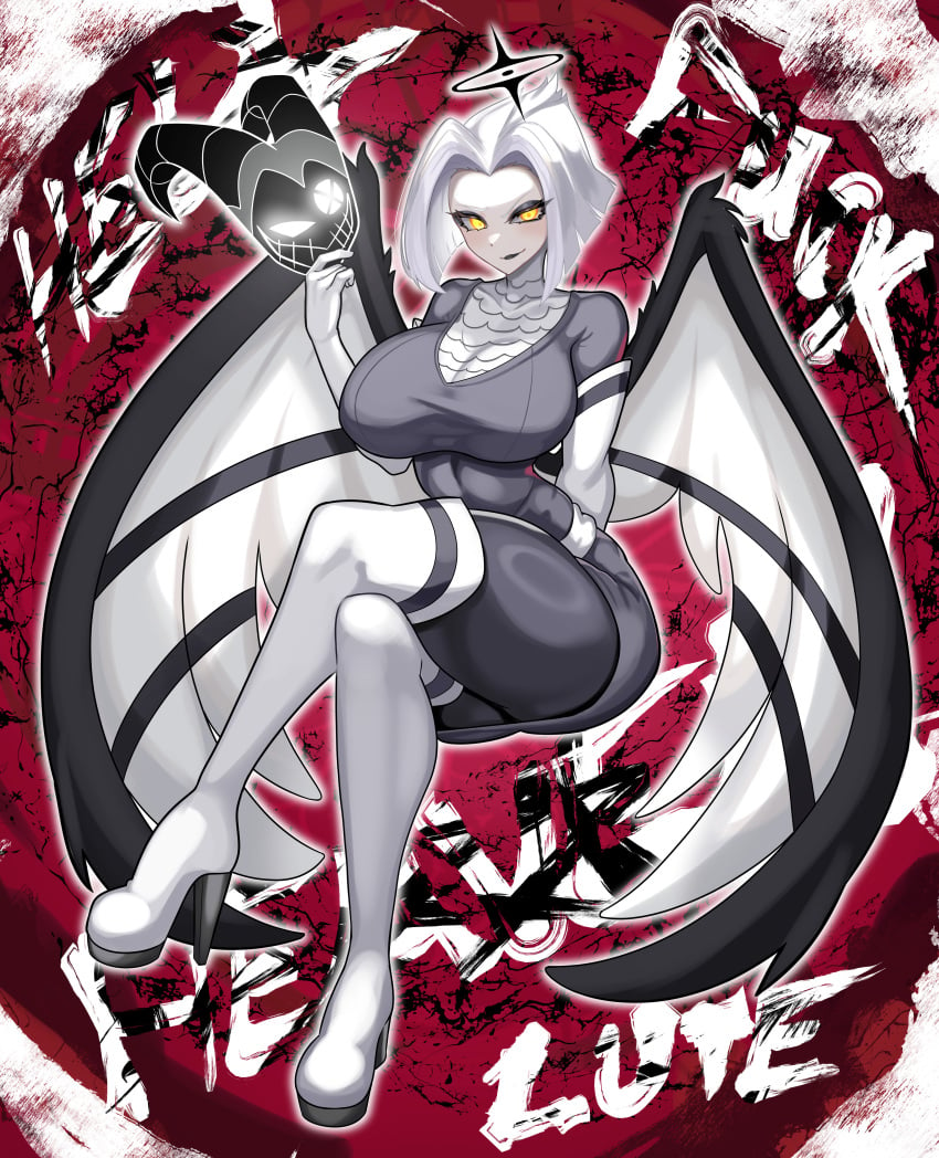1angel 1girl 1girl 1girls angel angel_girl angel_wings aureola big_breasts big_breasts blush breasts_bigger_than_head clothed clothing color female_focus female_only glowing_eyes hazbin_hotel helmet high_res light-skinned_female light_skin looking_at_viewer lute_(hazbin_hotel) nez-box short_hair solo_female tagme thick_thighs vivienne_medrano white_hair yellow_eyes