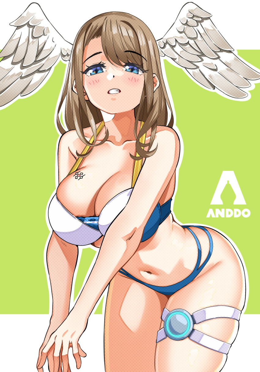 1girl 1girl 1girl alluring angel_wings artist_name big_breasts big_breasts big_breasts bikini blue_eyes breasts brown_hair eunie_(xenoblade) female_only high_res i_am_anddo leaning_forward legs looking_at_viewer navel nintendo pose posing sensual short_hair swimsuit tagme tattoo thick_thighs thighs wings wings_on_head xenoblade_(series) xenoblade_chronicles_3