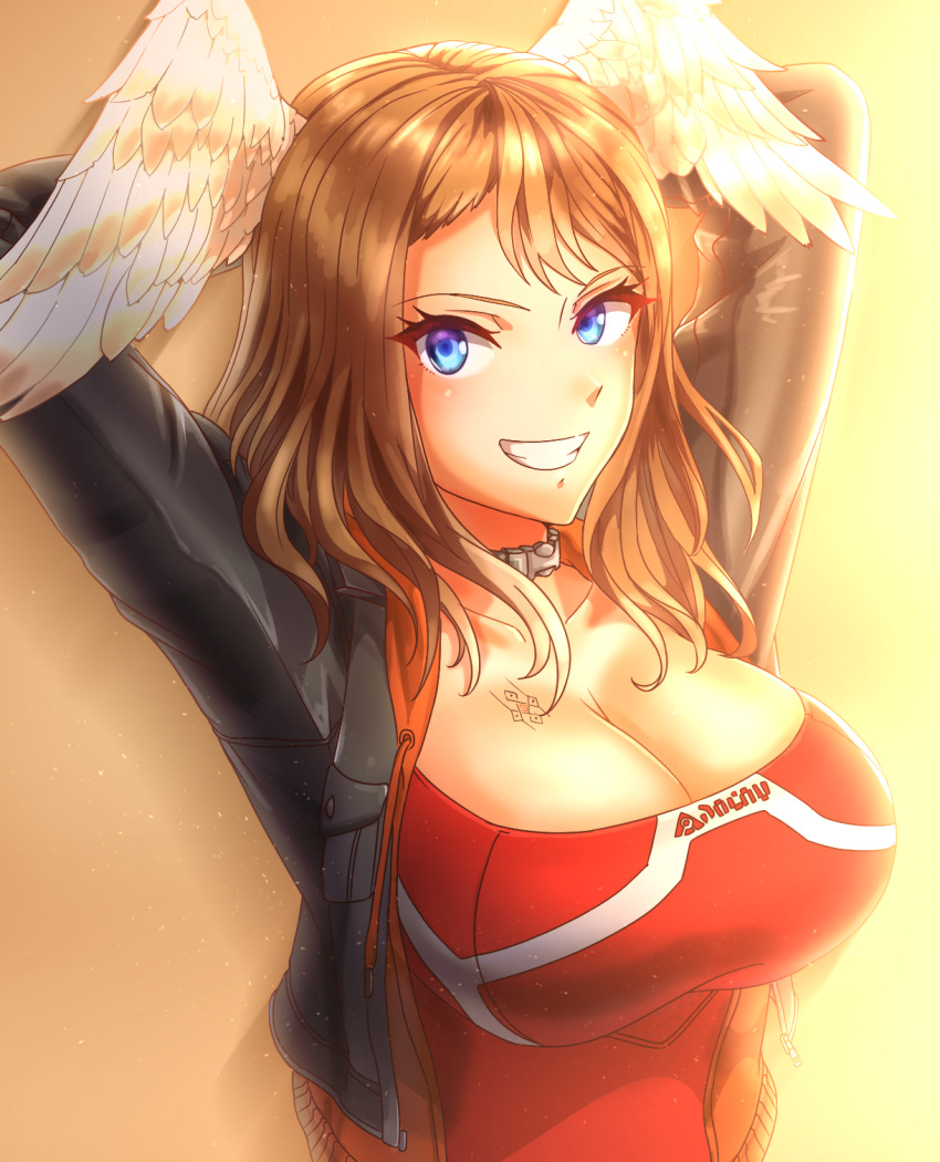 1girl 1girl alluring alternate_costume arms_behind_head big_breasts black_jacket blue_eyes breast_tattoo breasts brown_hair choker cleavage collarbone eunie_(xenoblade) glowing_lines gradient_background head_wings high_res jacket large_pectorals leather leather_jacket looking_at_viewer medium_hair open_clothes open_jacket pectorals red_shirt shirt smile tattoo to_(tototo_tk) upper_body white_wings wings xenoblade_(series) xenoblade_chronicles_3