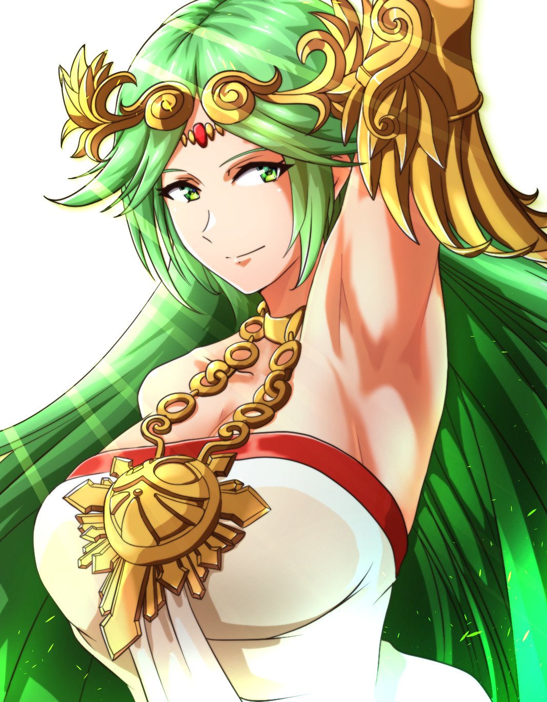 1girl 1girl alluring arm_behind_head big_breasts cleavage green_eyes green_hair high_res kid_icarus long_hair looking_at_viewer nintendo palutena smile to_(tototo_tk)