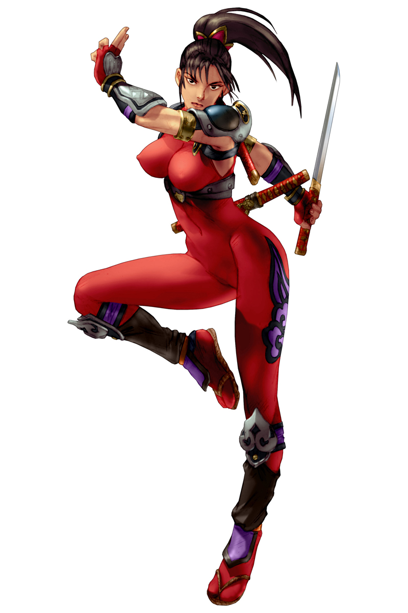 1girl 1girl alluring armor big_breasts bodysuit breasts cameltoe covered_erect_nipples fingerless_gloves gloves high_res kawano_takuji long_hair ninja official_art pauldrons ponytail project_soul short_sword shoulder_armor simple_background skin_tight soul_calibur soul_calibur_ii sword tabi taki vambraces weapon