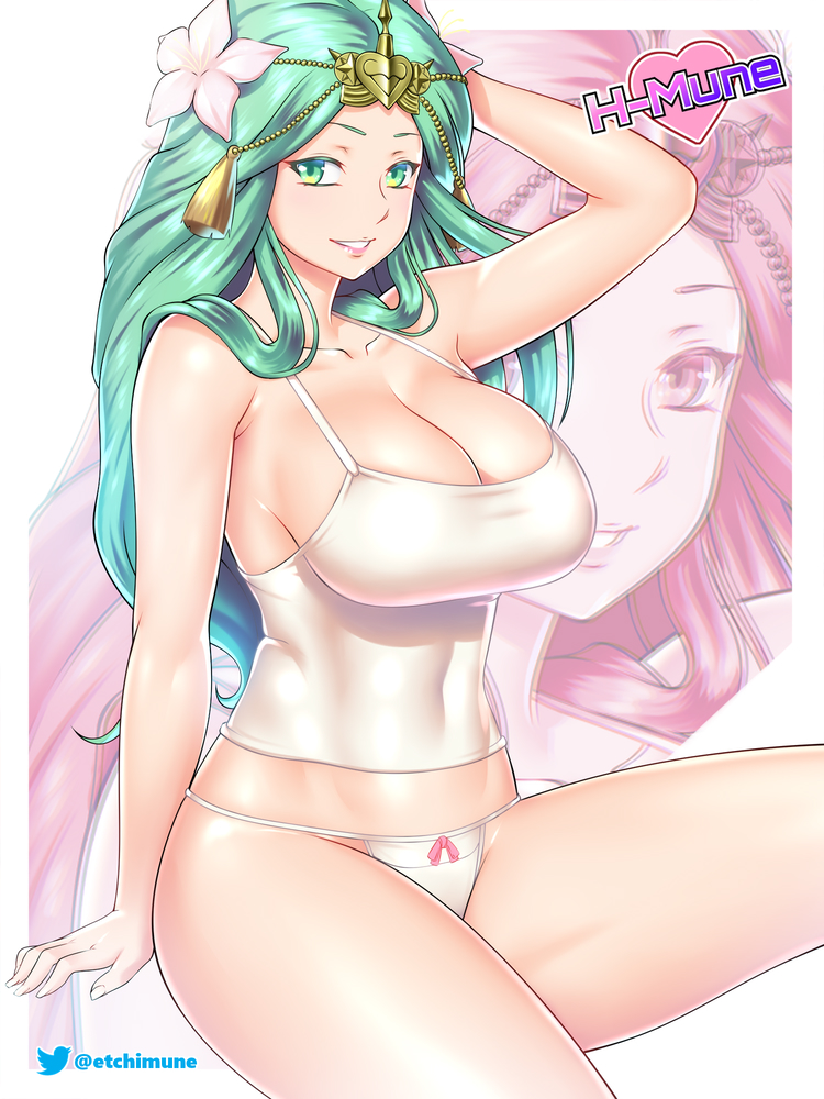 1girl 1girl alluring artist_name bare_thighs big_breasts cleavage etchimune fire_emblem fire_emblem:_three_houses flower green_eyes green_hair hair_flower hair_ornament long_hair looking_at_viewer nintendo panties rhea_(fire_emblem) smile solo_female tank_top thighs twitter_username underwear white_panties zoom_layer