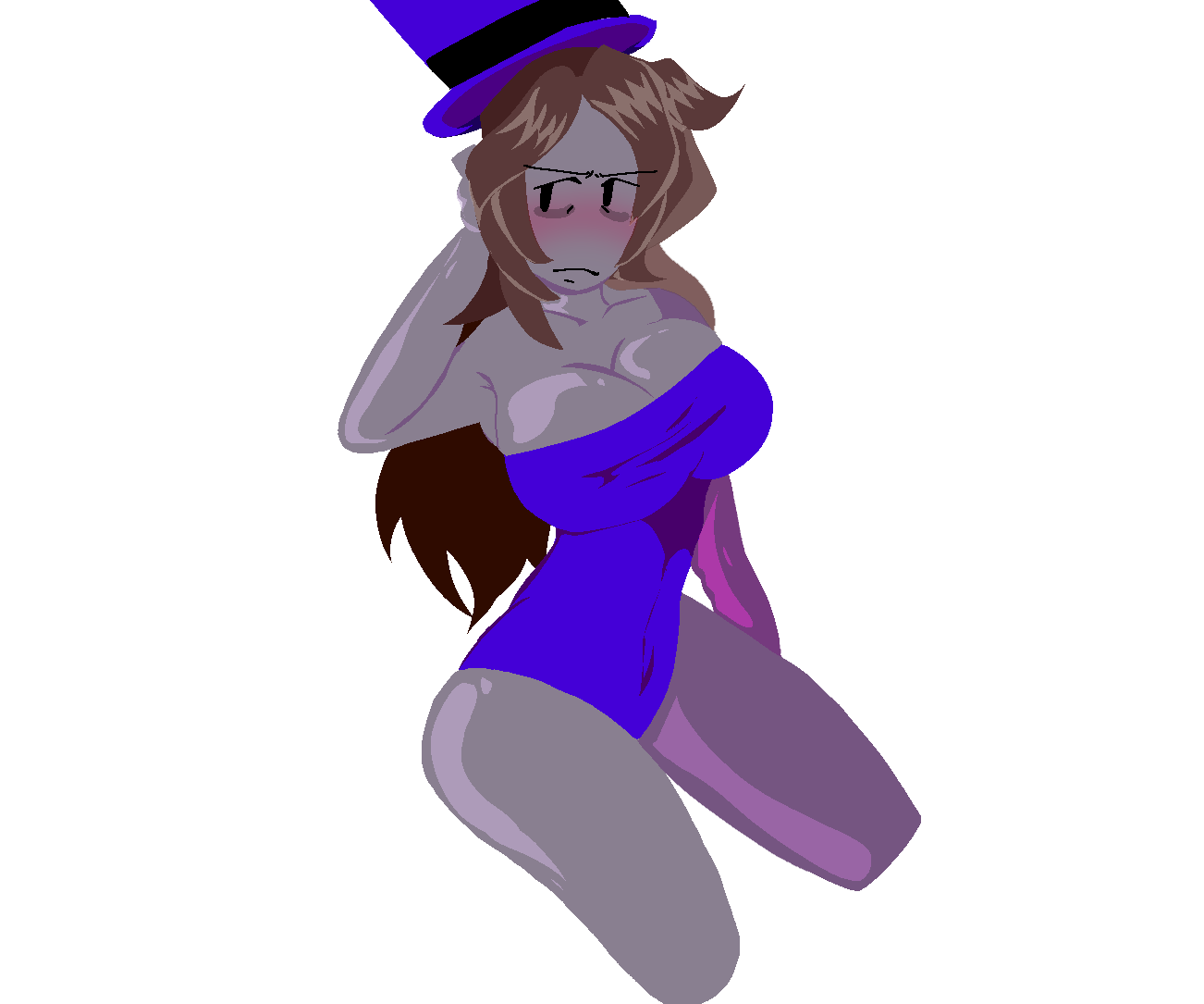 1girl 1girls big_breasts blush blush brown_hair embarrassed embarrassed_female female_only mach_(regretevator) milf purple_dress regretevator roblox roblox_game staring_at_viewer tophat zyperxia_(artist)