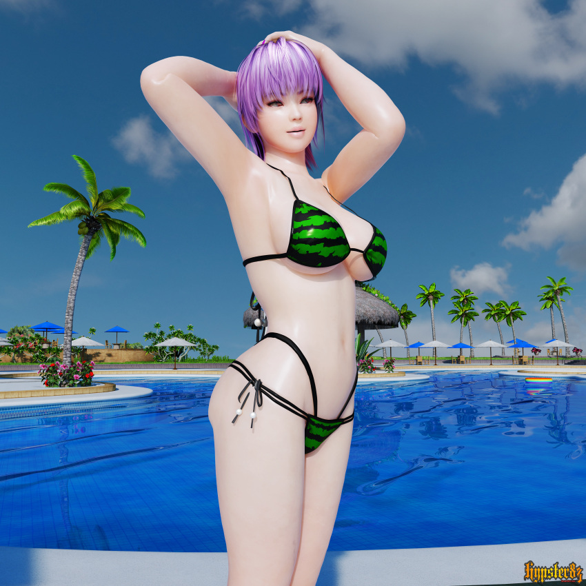 1girl alluring ayane ayane_(doa) bare_legs big_breasts bikini cleavage dead_or_alive dead_or_alive_2 dead_or_alive_3 dead_or_alive_4 dead_or_alive_5 dead_or_alive_6 dead_or_alive_xtreme dead_or_alive_xtreme_2 dead_or_alive_xtreme_3 dead_or_alive_xtreme_3_fortune dead_or_alive_xtreme_beach_volleyball dead_or_alive_xtreme_venus_vacation hypster83 kunoichi lavender_hair red_eyes short_hair silf swimming_pool tecmo watermelon_bikini