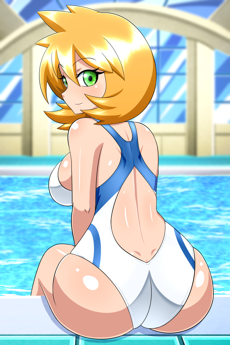 1girl alluring backboob big_breasts bikini brown_hair female_only from_behind green_eyes human medium_breasts misty misty_(pokemon) nintendo one-piece_bikini orange_hair pokemon pokemon_gsc pokemon_hgss ponytail short_hair side_ponytail sitting sleeveless solo_female solo_focus swimming_pool yensh