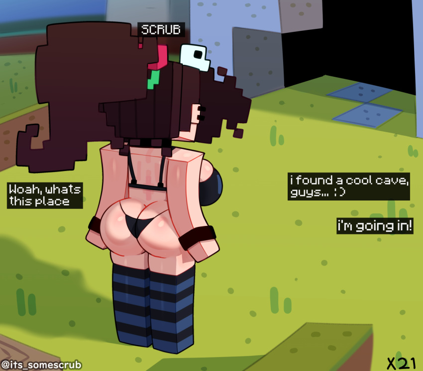 1girl back_view big_ass big_breasts blocky_body bra femscrub goth goth_girl minecraft ponytail somescrub striped_legwear thong