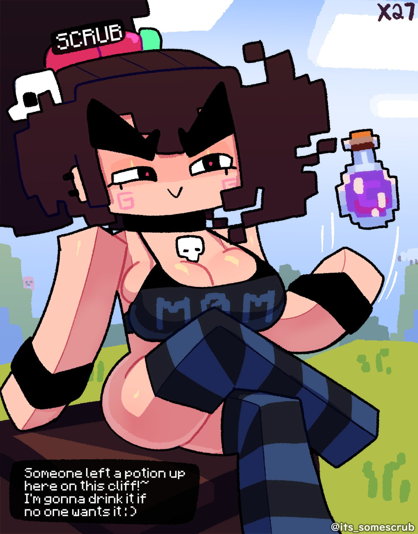 1girl big_breasts bra choker femscrub goth goth_girl minecraft potion sitting somescrub striped_legwear