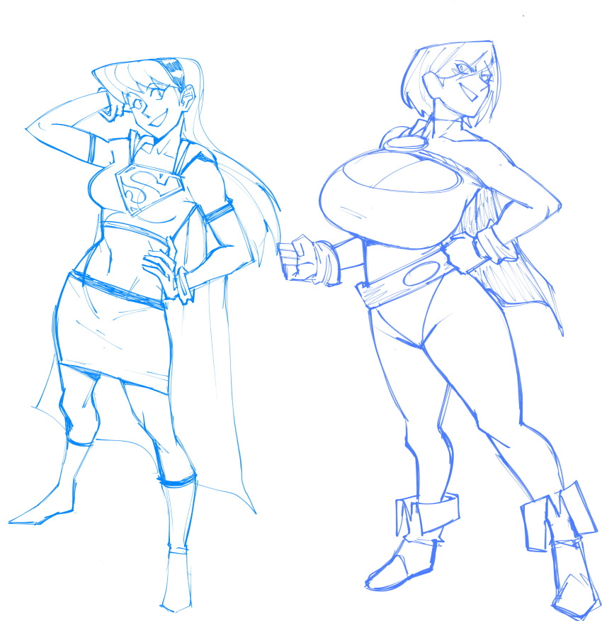 2_girls absurd_res art_ratf auroch_nsfw big_breasts breasts cape dc_comics headband high_res huge_breasts huge_tits long_hair multiple_girls power_girl ratf short_hair skirt supergirl thick_thighs thighs wide_hips