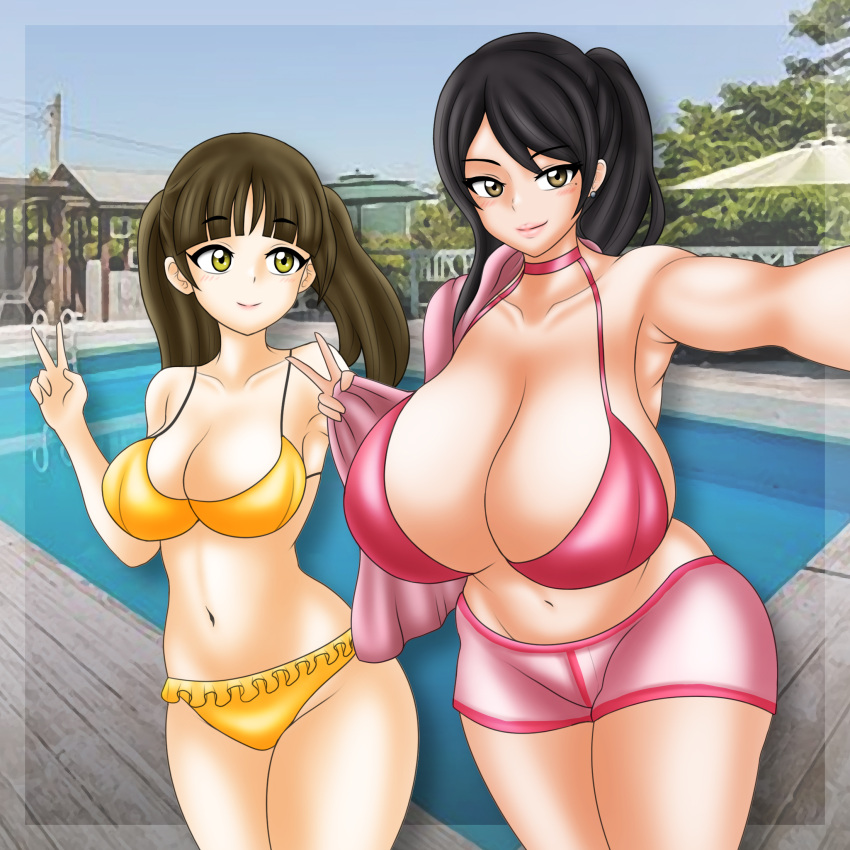 2_girls big_breasts bikini bikini_shorts black_hair brown_eyes brown_hair cleavage gogo_sentai_boukenger high_res mamiya_natsuki multiple_girls nishihori_sakura pink_eyes shorts super_sentai swimming_pool swimsuit treezero yellow_eyes