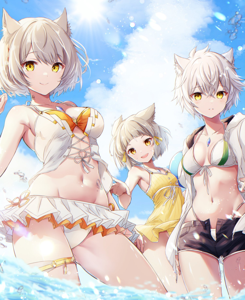 3_girls alluring alternate_hairstyle ancestor_and_descendant bare_shoulders big_breasts bikini black_shorts breasts cat_ears catgirl core_crystal curvy family female_only high_res looking_at_viewer medium_breasts midriff milf mio_(xenoblade) monolith_soft mother_&amp;_daughter multiple_girls na'el_(xenoblade) navel nia nintendo official_alternate_costume orange_swimsuit shorts silver_hair slim_waist sundress swimsuit thick_thighs thighs ui_frara voluptuous water wet wide_hips xenoblade_(series) xenoblade_chronicles_2 xenoblade_chronicles_3 xenoblade_chronicles_3:_future_redeemed yellow_eyes