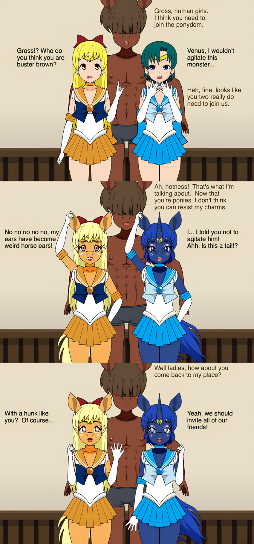 1boy 2_girls ami_mizuno bishoujo_senshi_sailor_moon blonde_hair blue_eyes blue_hair brainwashing enemy_conversion furry furry_female human_to_anthro kisekae lips minako_aino miniskirt personality_change pony sailor_mercury sailor_shirt sailor_venus simple_background species_transformation thick_thighs transformation transformation_sequence wfay42 wide_hips yellow_eyes