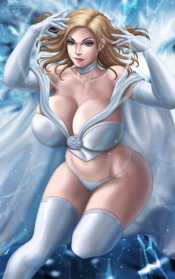 1female 1girl 1girl big_breasts big_breasts blonde blonde_female blonde_hair blue_eyes bra breasts cleavage corset emma_frost female_only flowerxl high_heel_boots high_heels icy long_hair looking_at_viewer marvel mature mature_female necklace panties pink_lipstick snowing stockings superheroine white_heels white_queen x-men