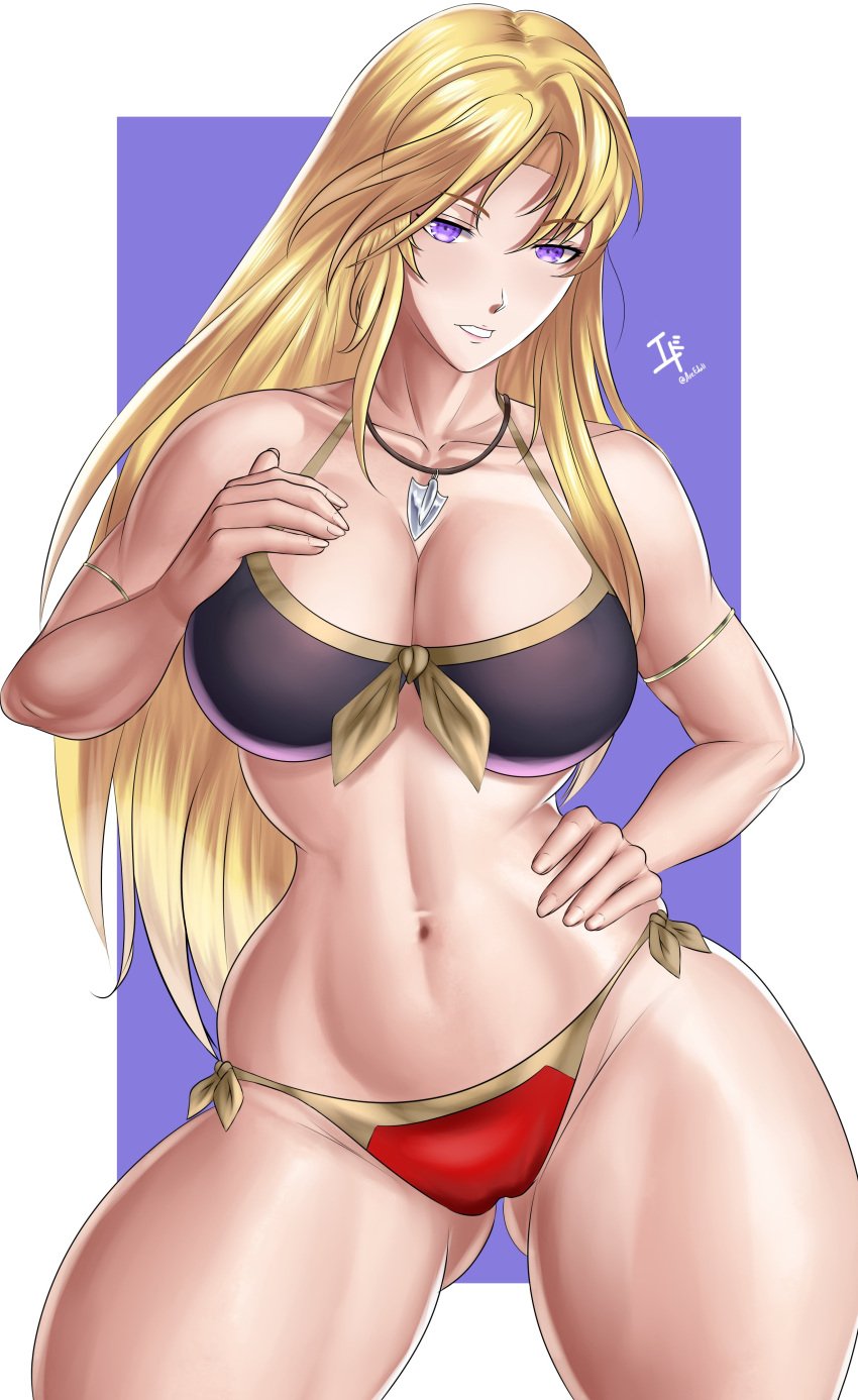 1girl 1girl 1girl alluring alternate_costume arcedo ass_visible_through_thighs bare_thighs big_breasts bikini black_bikini blonde_hair bronze_felix clarisse_(fire_emblem) cleavage commission commission_art female_only fire_emblem fire_emblem:_new_mystery_of_the_emblem grin long_hair nintendo pointy_chin purple_eyes red_bikini smile swimsuit thick_thighs thighs very_long_hair