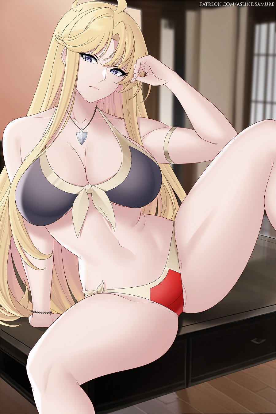 1girl 1girl 1girl alluring alternate_costume aslind_samure aslindsamure bare_legs bare_thighs big_breasts bikini blonde_hair blue_eyes clarisse_(fire_emblem) cleavage commission commission_art female_only fire_emblem fire_emblem:_new_mystery_of_the_emblem long_hair looking_at_viewer nintendo sitting spread_legs swimsuit thighs very_long_hair